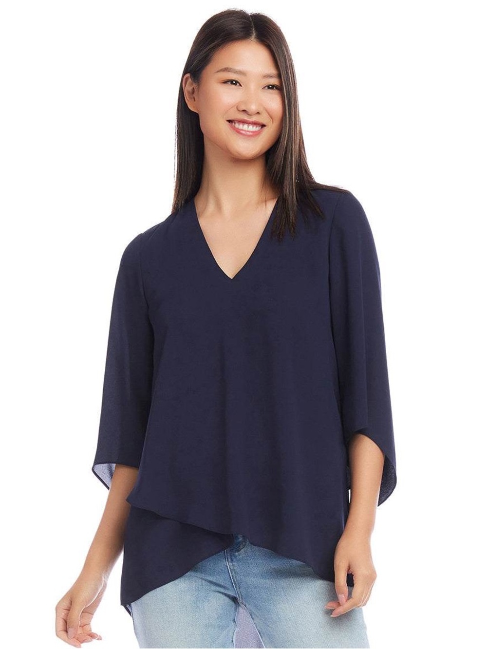 Karen Kane Bracelet Sleeve Asymmetric Top Navy XL Layered Hem NWOT